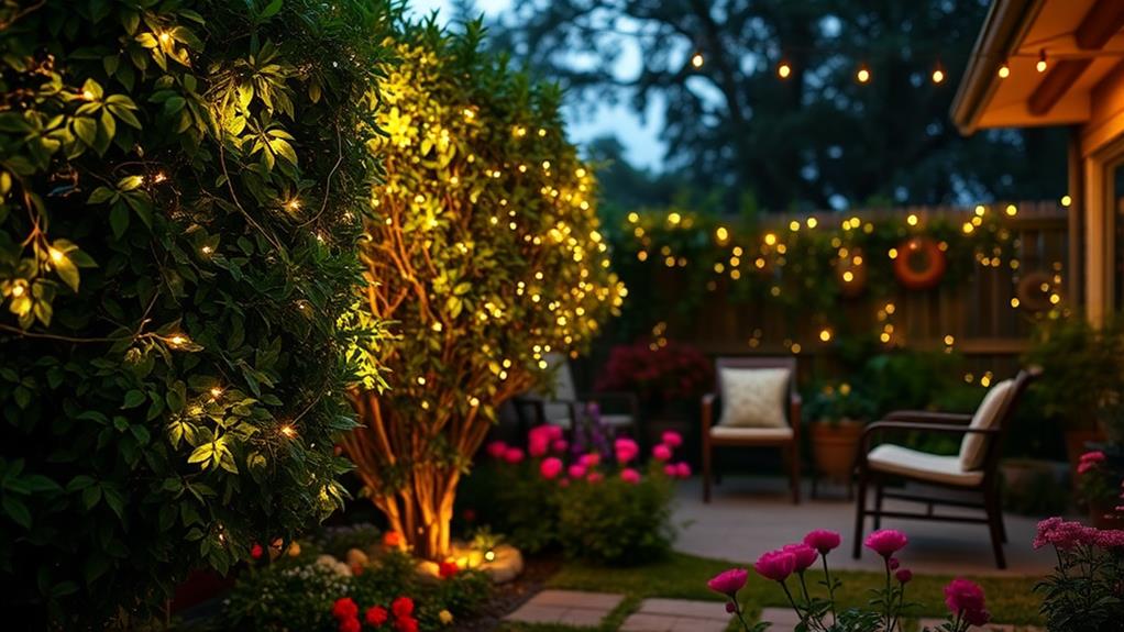 twinkling lights in shrubs