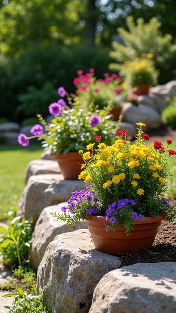 boulder wall with flowers