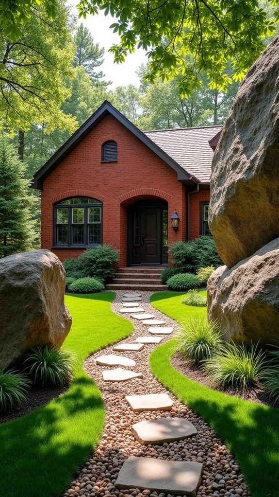 boulders enhance red brick landscaping