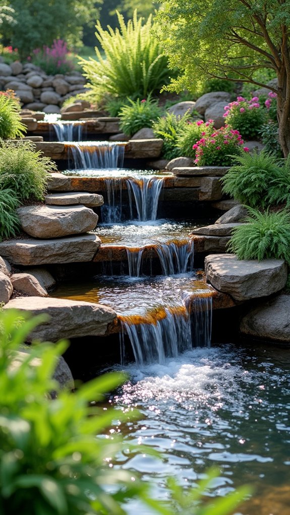 cascading water lush plants