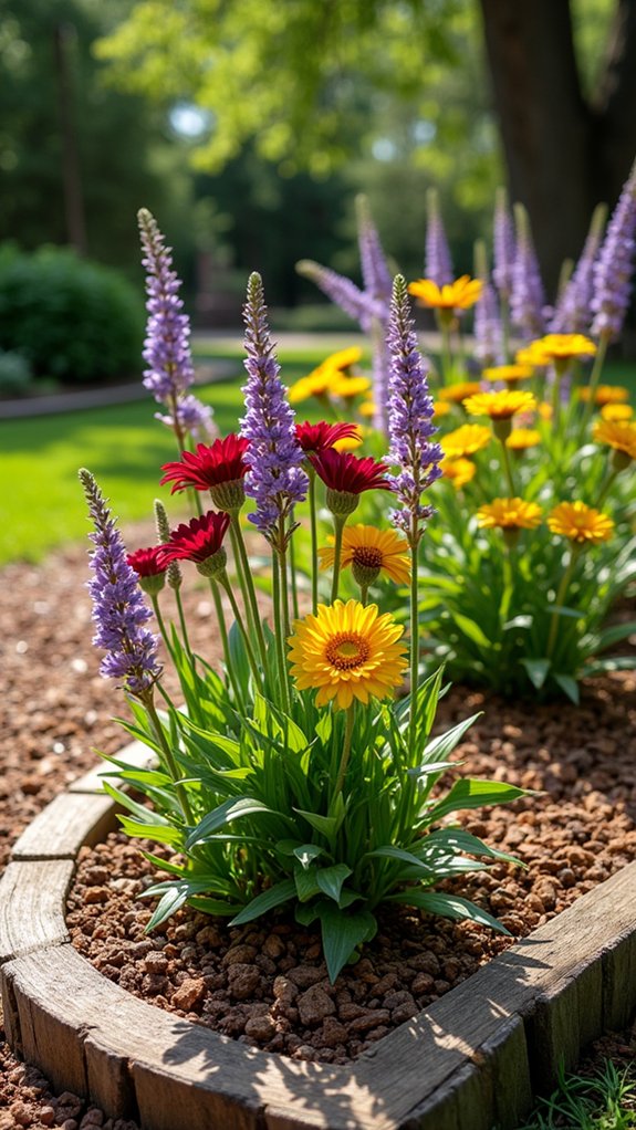 colorful flowers dark mulch