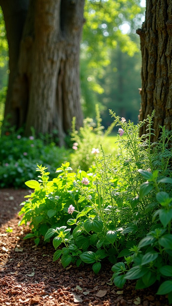 herbs thriving around trees