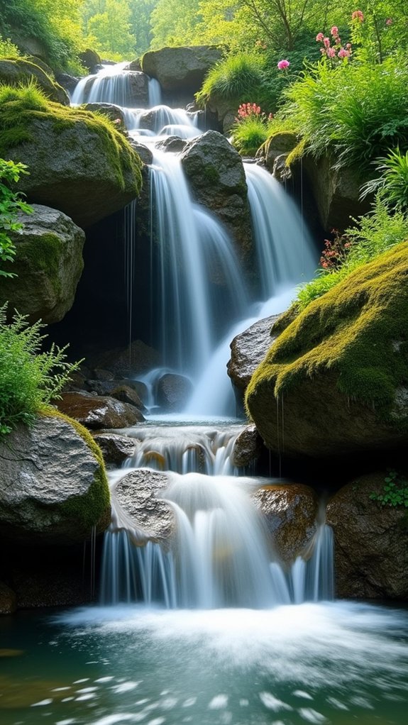 mossy rocks and waterfall