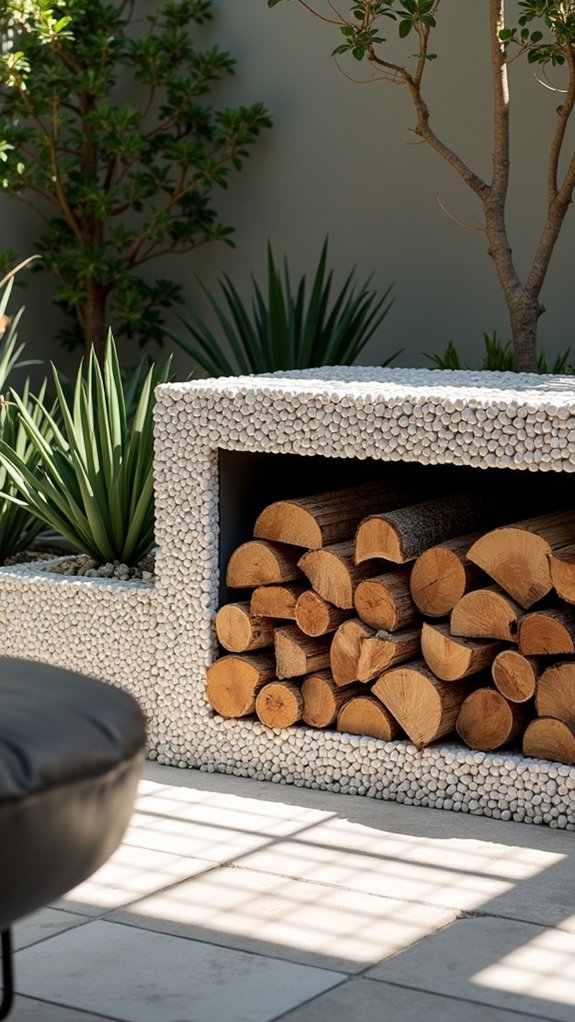 pebble encased firewood storage