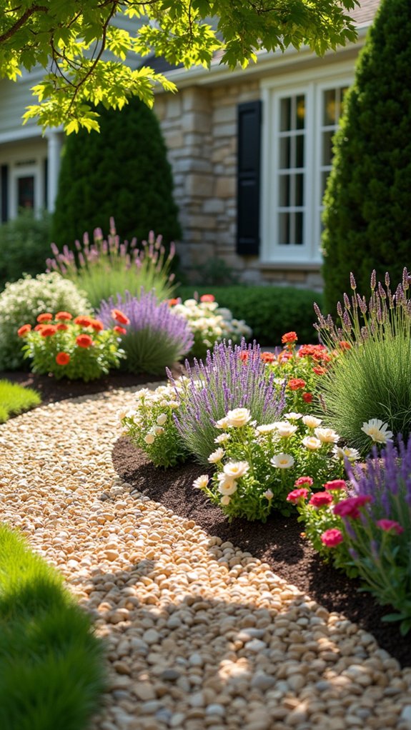 rock border enhances flower beds