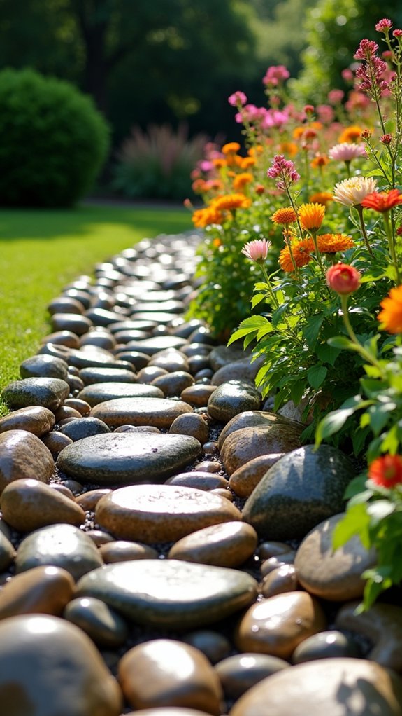 rock edging enhances flower beds