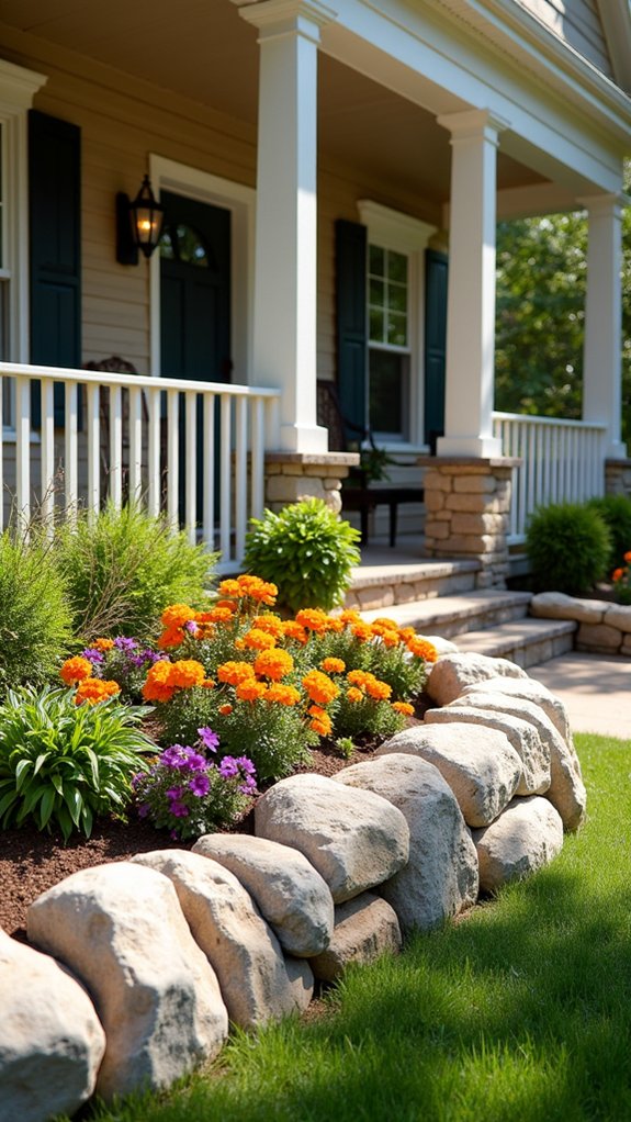 rock edging enhances flower beds