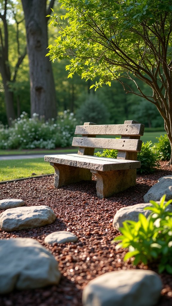 rustic bench amid greenery