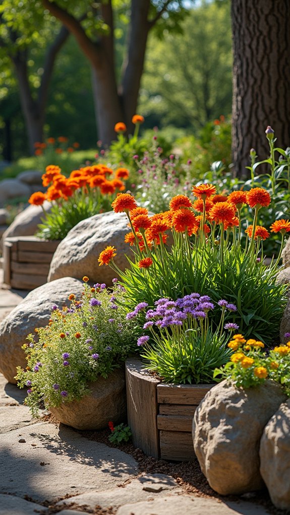 rustic boulders with annuals
