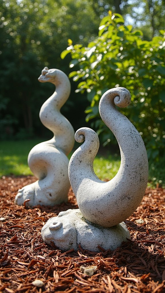 sculptures amidst colorful mulch