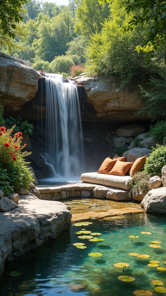 serene waterfall seating area