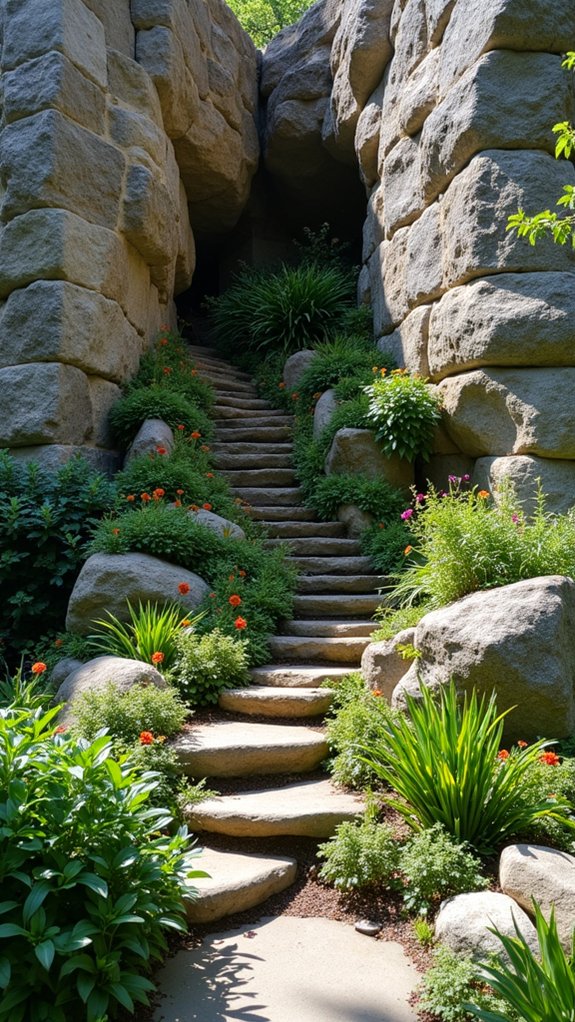 stone backdrop enhances greenery