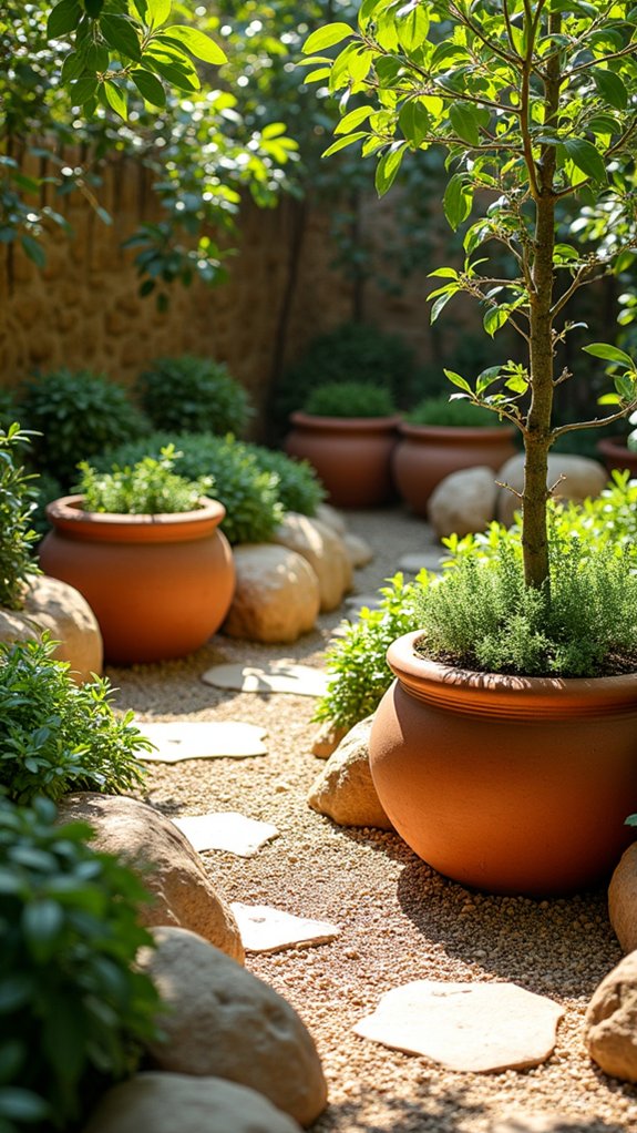 terracotta pots and herbs