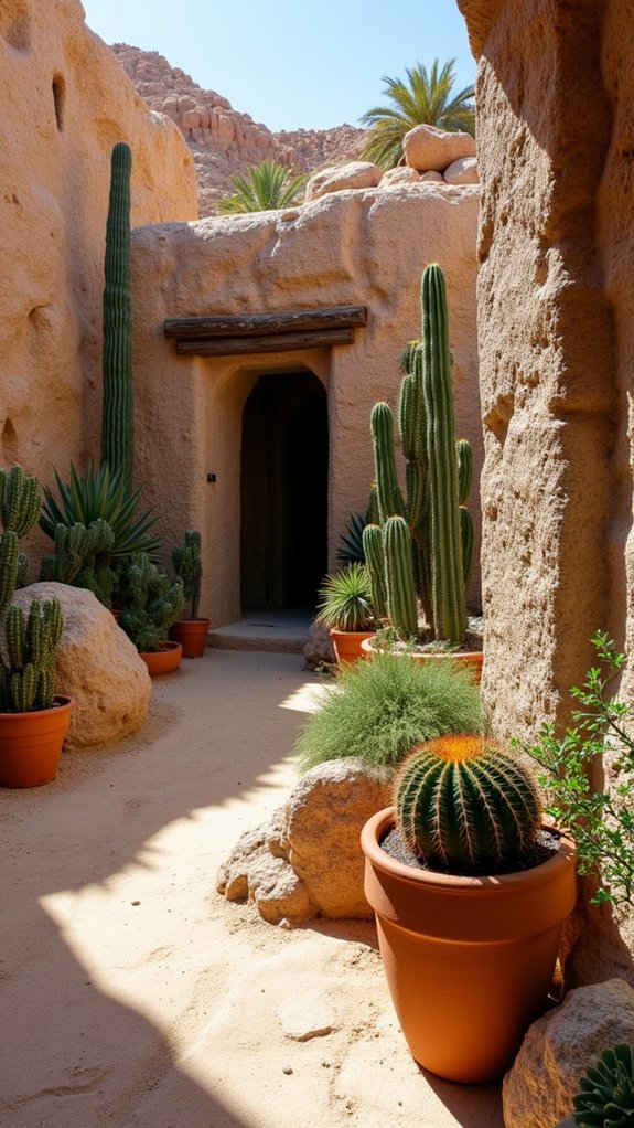 textured rocks and cacti