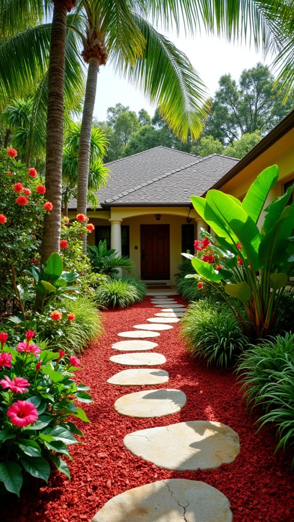 tropical oasis with red mulch