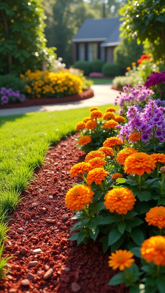 vibrant blooms with red mulch
