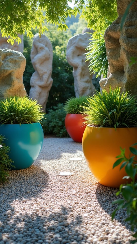 vibrant gravel and pots