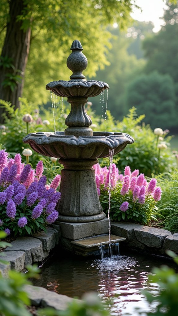 vintage fountain vibrant flowers