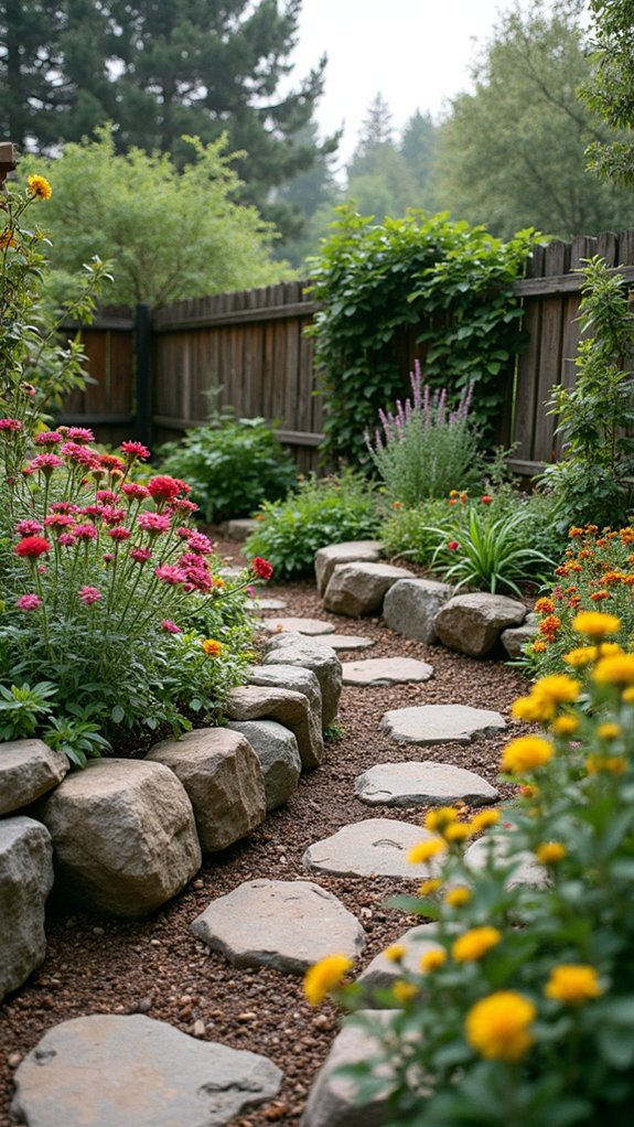 boulder bordered raised flower beds
