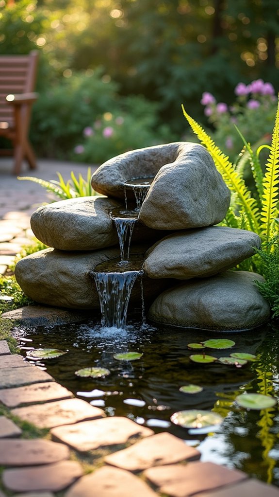 boulder fountain with aquatic plants