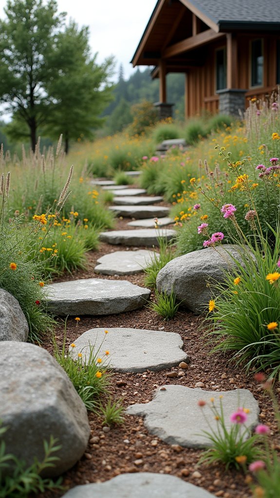 boulder path through plantings