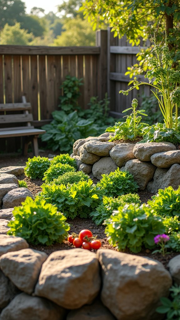boulder walled vegetable garden oasis