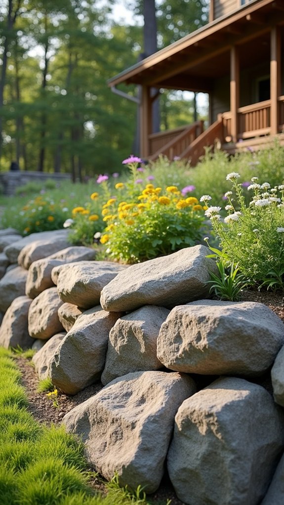 boulder walls and wooden accents