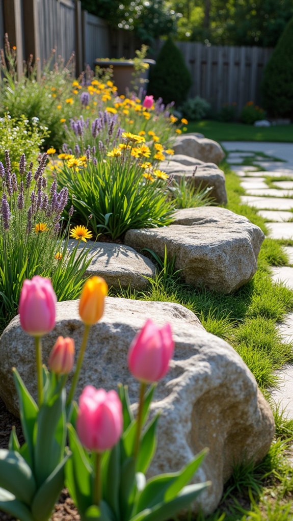 boulders enhance flower beds