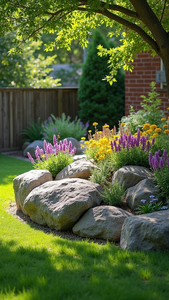 boulders enhance flower beds