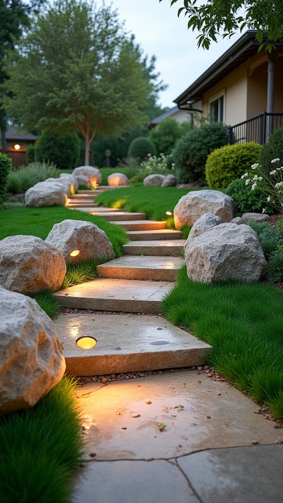 boulders illuminated by lighting