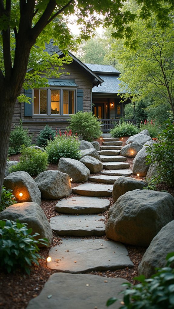 boulders illuminated by spotlights