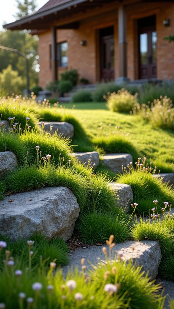cascading grass and boulders