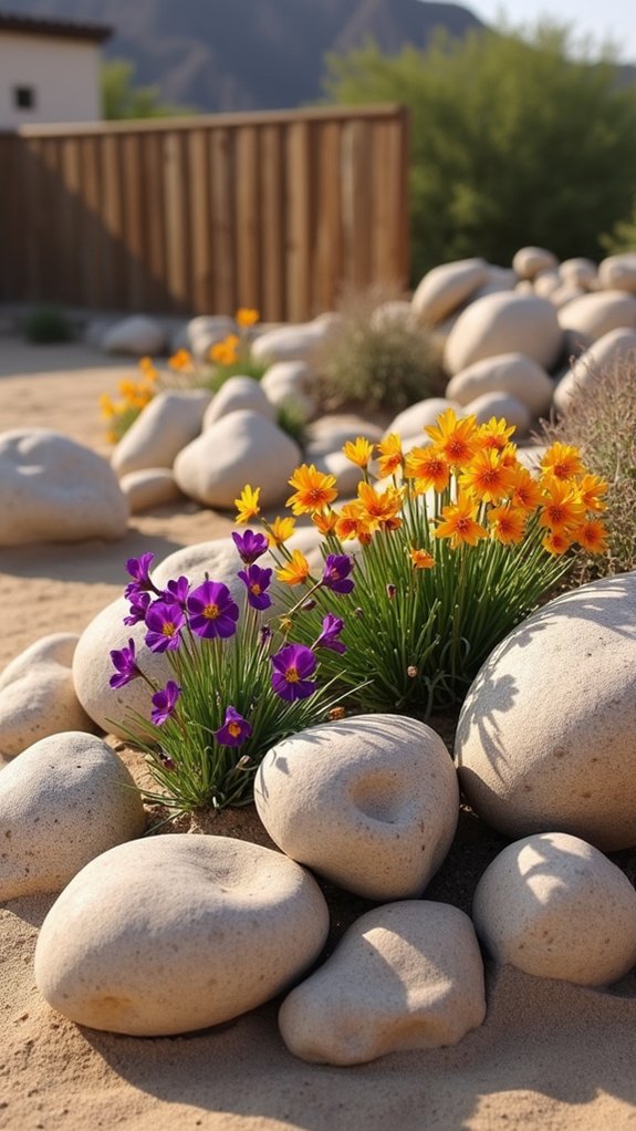 colorful flowers among stones