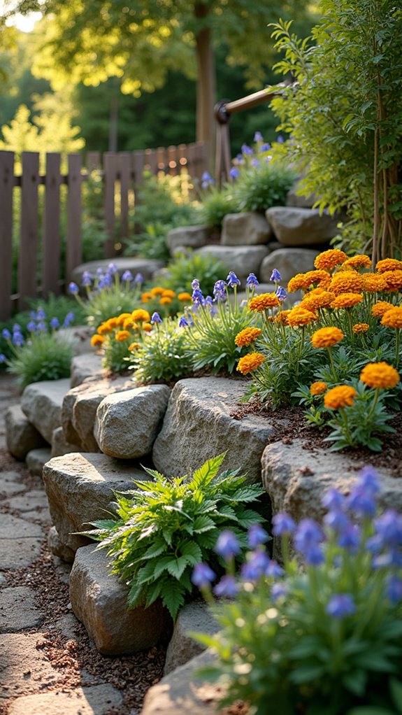 seasonal flowers against boulders