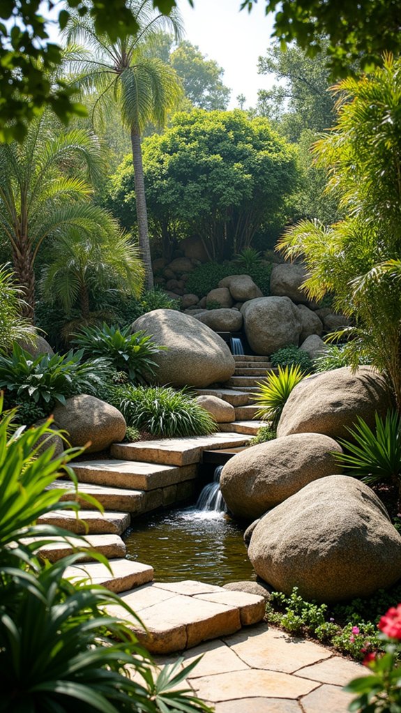 tropical backyard with boulders
