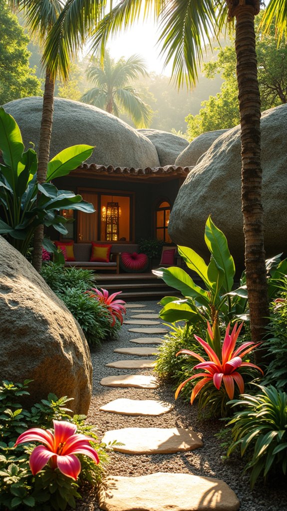 tropical oasis with boulders