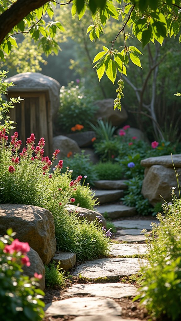 vibrant plants rugged boulders