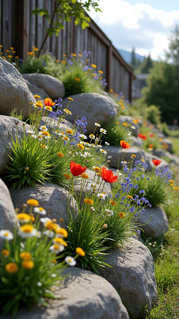 wildflower garden with boulders