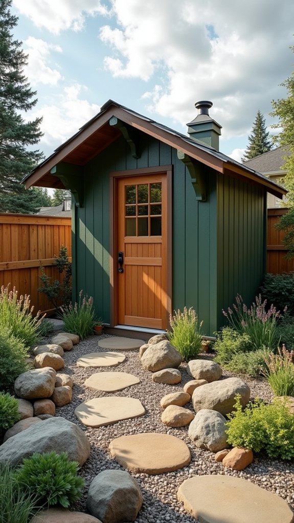 complement shed with river rocks