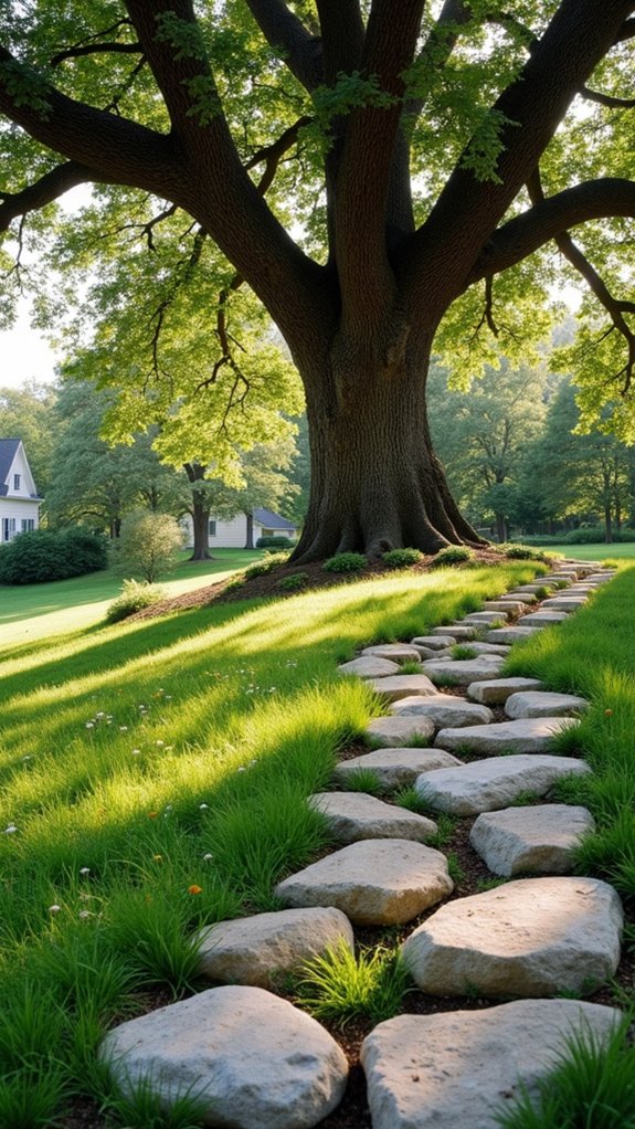 framing trees with river rock