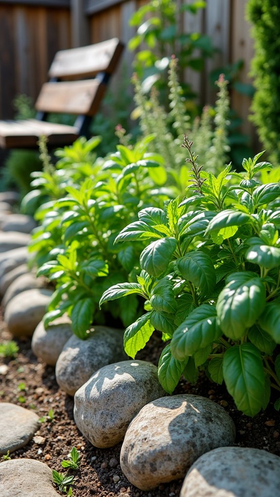 herb garden with river rocks