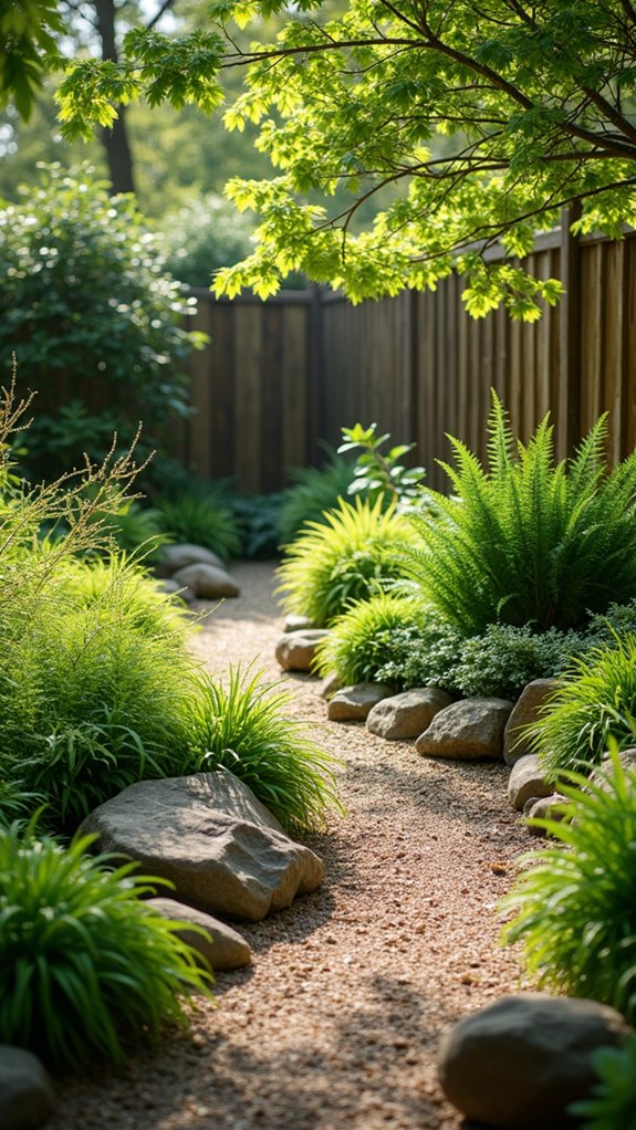 lush greenery and river rocks