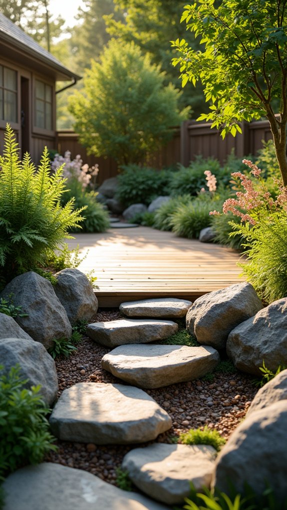 lush plants and river rocks