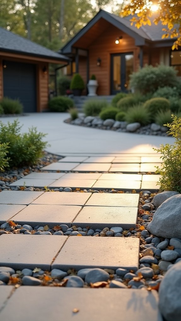 modern pavers with river rocks