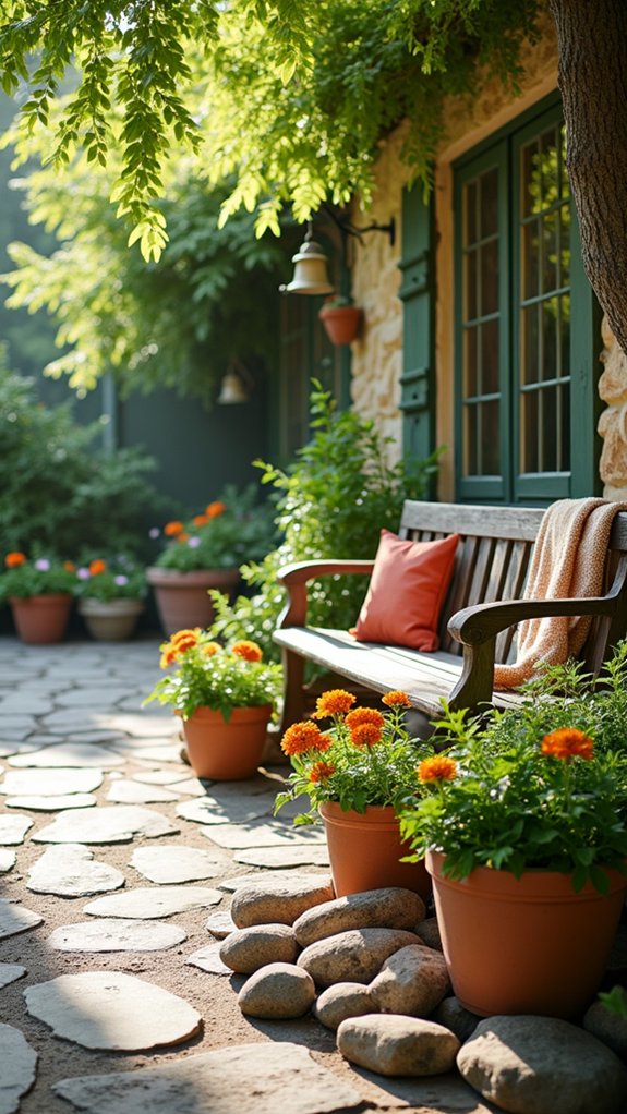 river rock and potted plants