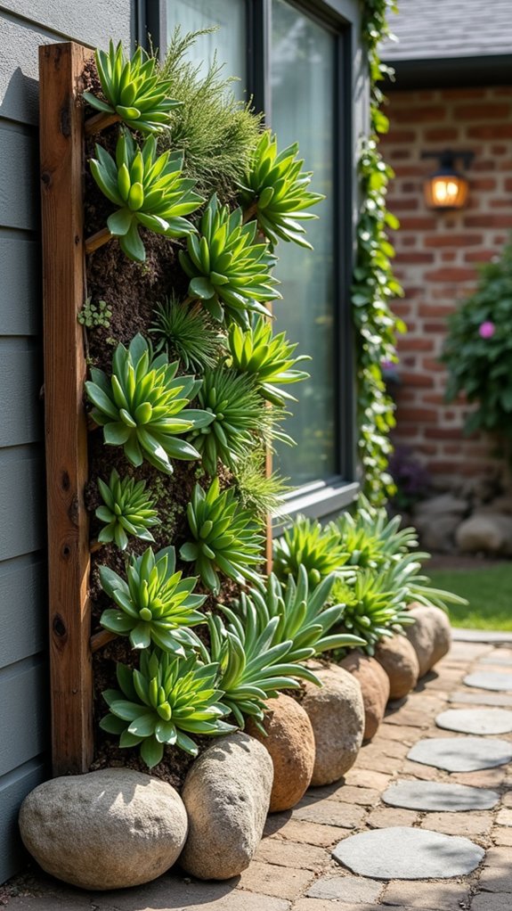 river rock enhances vertical gardens