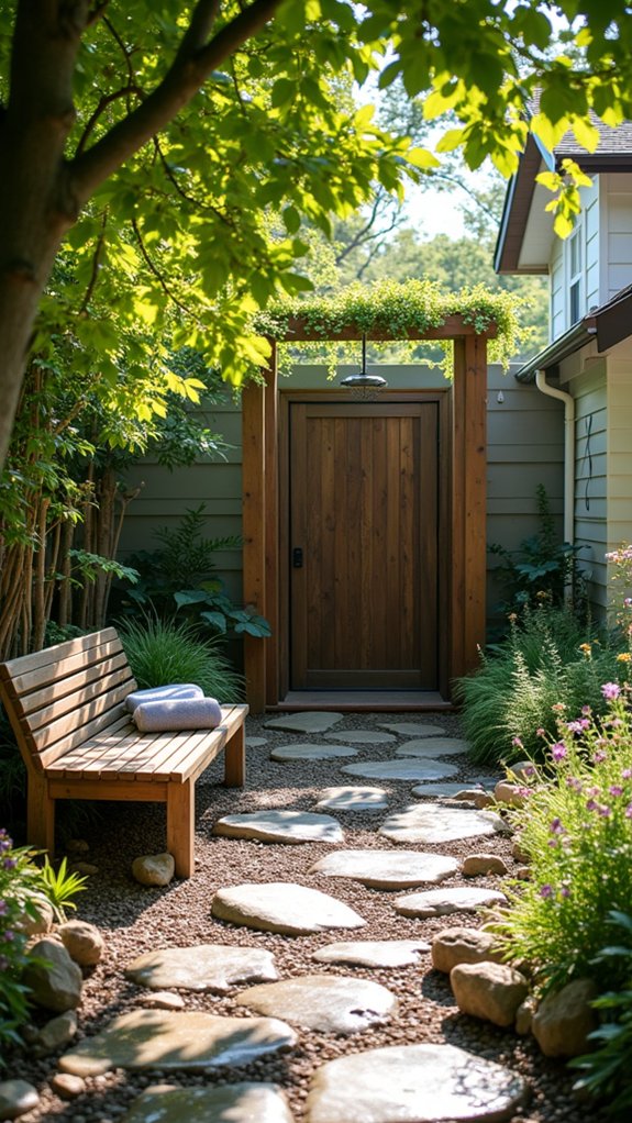 river rock outdoor shower accents