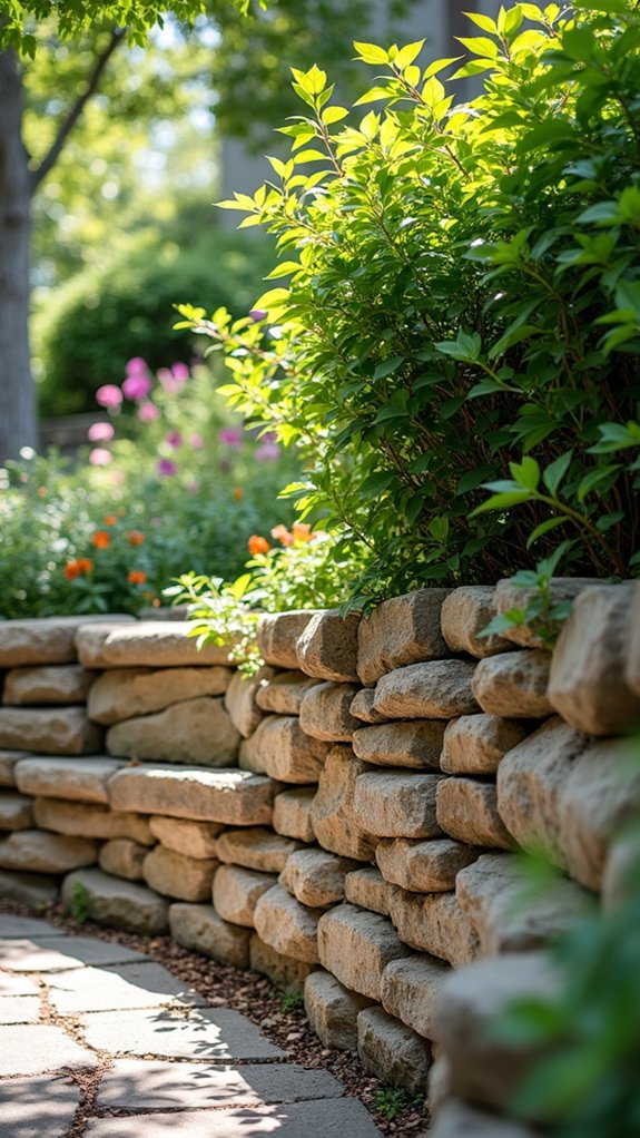 river rock wall garden