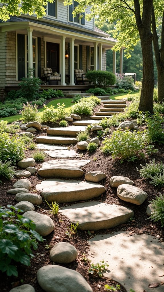 river rock with native plants