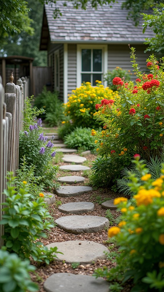 river rocks and vibrant bushes